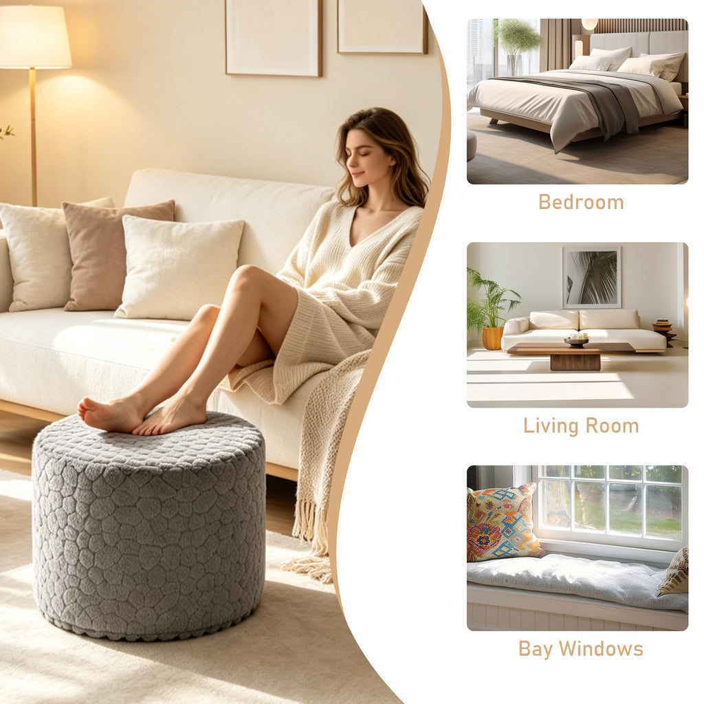 Round Pouf Ottoman, Soft Faux Rabbit Fur Poufs, One-Piece Sponge Foot Rest