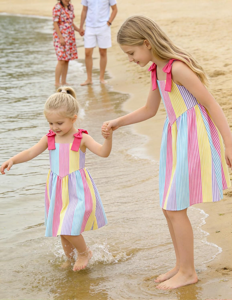 Beach Dress Summer Outfit Boho Straps Smocked Cami Bow Princess Casual Birthday Party Clothes