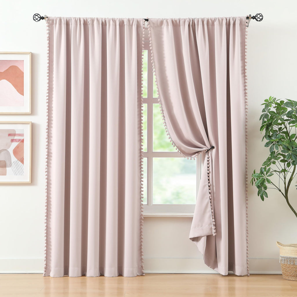 Pompom Blackout Curtains Pink Girls 84 inch Energy Efficient Thermal Insulated Living Room Darkening Curtain Panels