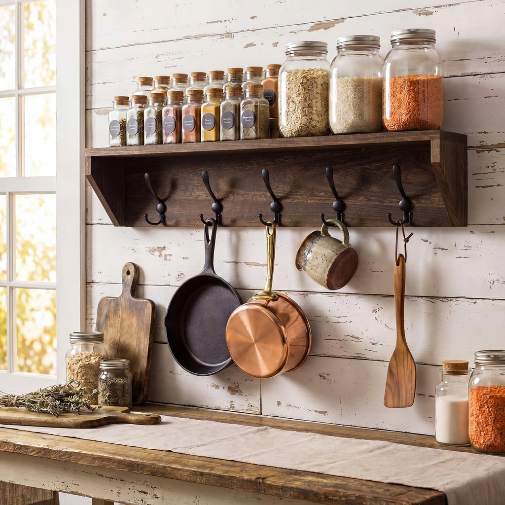 35 Inch Wall Shelf with Hooks and Shelf Organizer