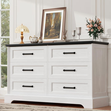 Farmhouse 6 Drawers Dressers, White and Black