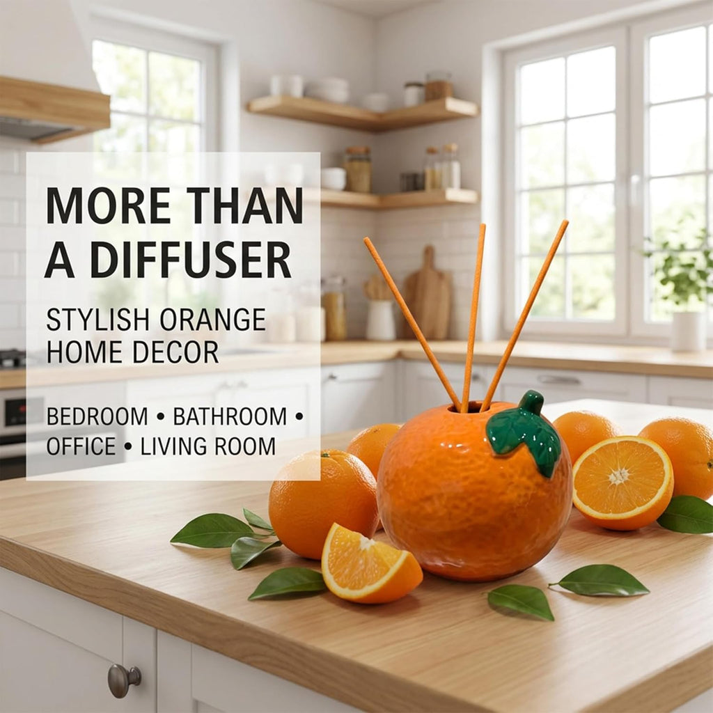 Sweet Natural Orange Scented Reed Diffuser Set - 6.76 fl oz (200ml) with Sticks, Creative Orange-Shaped Ceramic