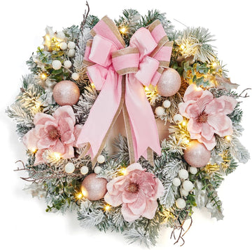 Pre-Lit Christmas Wreath for Front Door, 24 Inch Large Xmas Wreath for Holiday Decor, Battery Operated Xmas Lighted