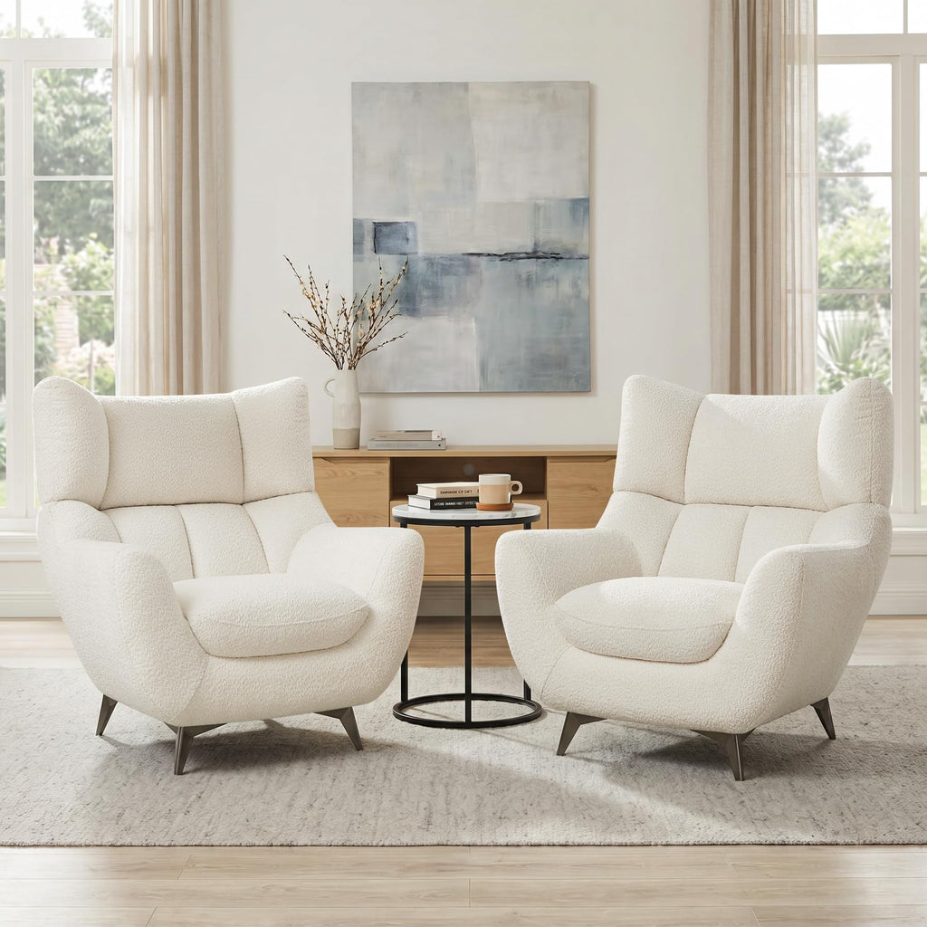 34.6" Oversized Accent Chair with WingBack, Teddy Boucle White