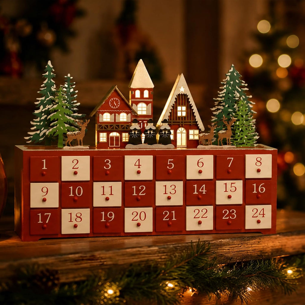 Christmas Wooden Advent Calendar with LED Lights, 24 Drawers Countdown to Christmas Festive Church Scene