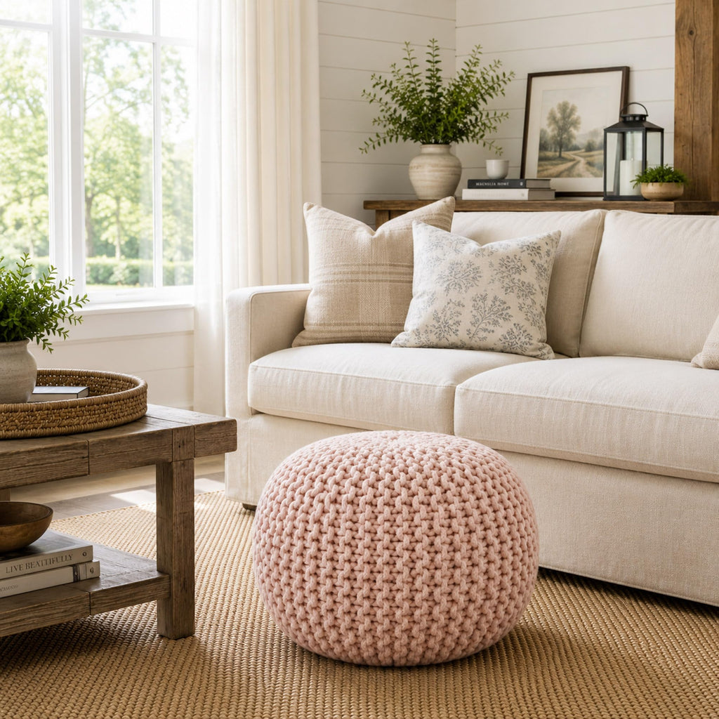 Round Pouf Ottoman, Light Pink - 20" Diameter x 14.5" High Cotton Knit Foot Stool - Boho Floor Pouffe