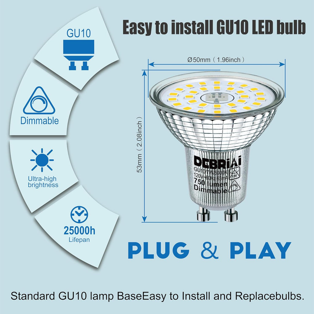 GU10 Dimmable LED Bulbs, 7W Equivalent to 75W, 5000K Daylight White, 25,000 Hours Lifespan Energy Efficient Light