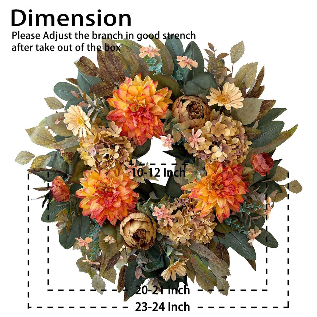 24in Fall Front Door Wreath Dahlia Hydrangea Peony Table Decor