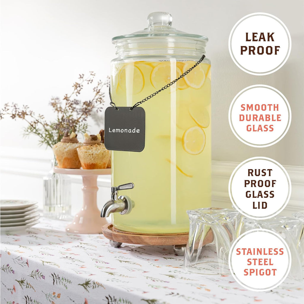 2 Gallon Glass Drink Dispenser with Spout for Parties - Tall Airtight Mason Style Beverage Serveware Stand with Metal