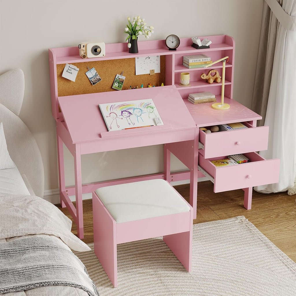 Adjustable Tilt Kids Desk and Chair Set, 0-40° Tiltable Wooden Study Table with Drawers, Cork Board & Open Shelves