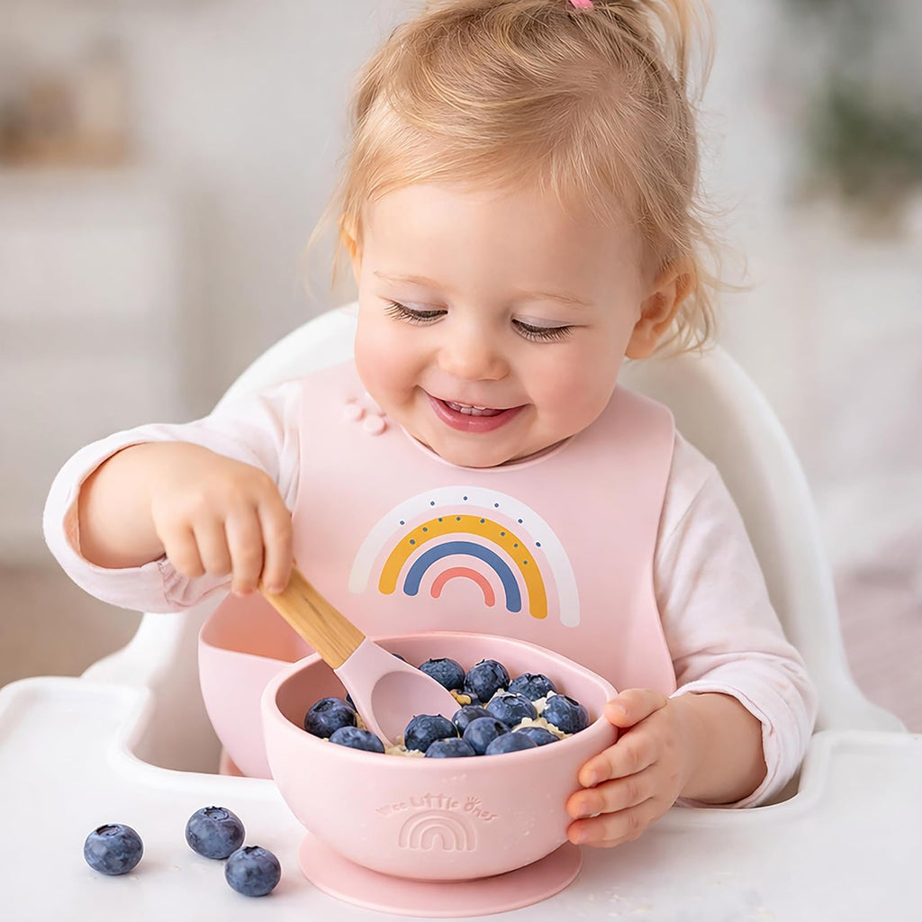 Silicone Bib and Suction Bowl Set - Baby Led Weaning Feeding Set with Adjustable Bib, Food Catcher Pocket, Strong