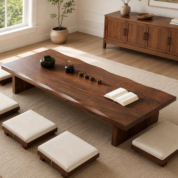 Japanese Dining Table, Solid Wood Japanese Floor Table with Live Edge, Simple and Modern Low Design, Bay Window