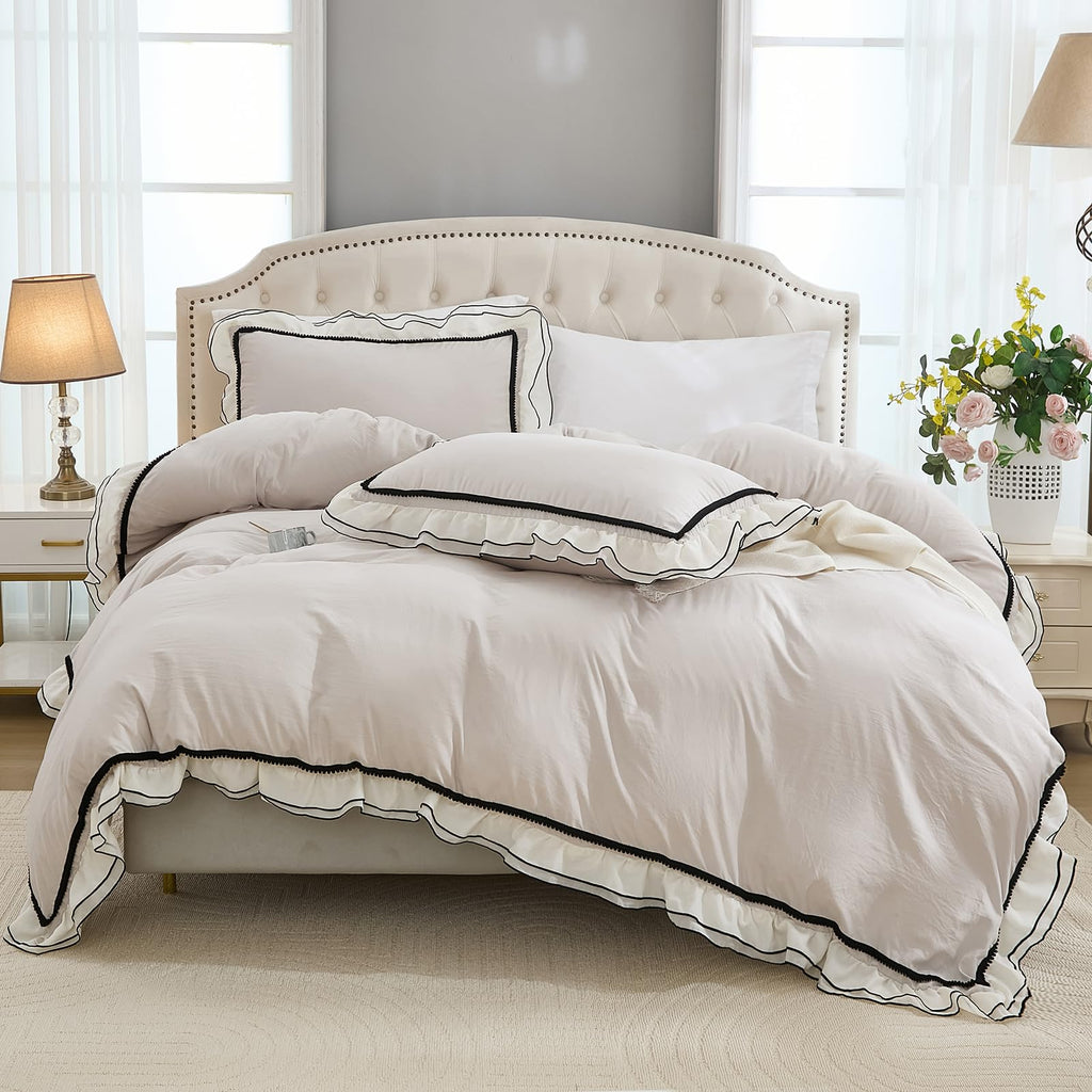 Grey Ruffle Comforter Set King Size, Pompoms Chic French Style Boho Bedding Sets, Fluffy Coquette Comforters Sets for