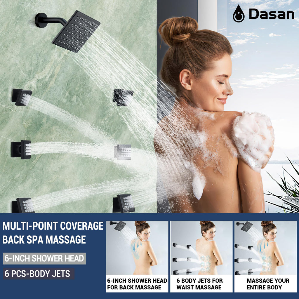 Thermostatic Dual Shower Head System with 6 Body Jets, 6-Inch Shower Head & 16" Rainfall Shower, Luxury Matte Black