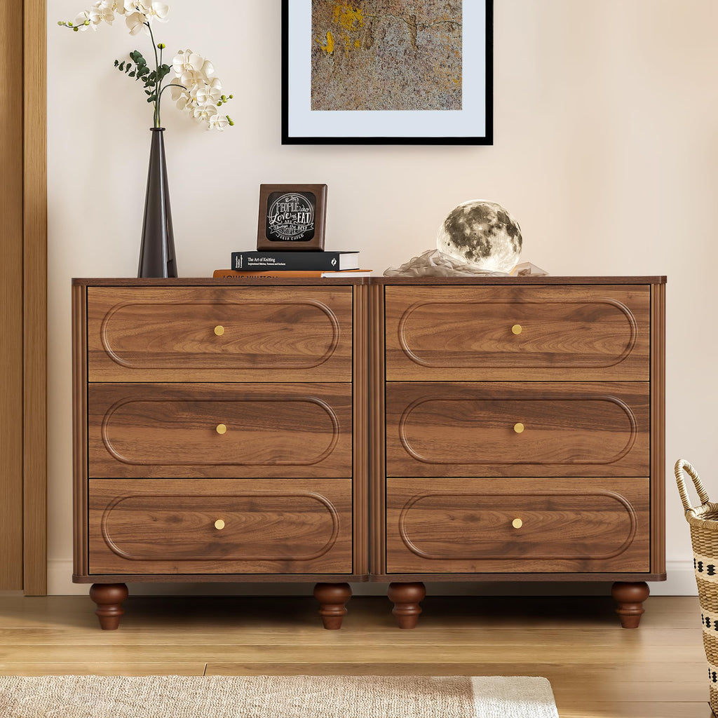 3 Drawer Fluted Dresser, Mid Century Modern Chest of Drawers, Wood Storage Small Dresser Organizer Living Room