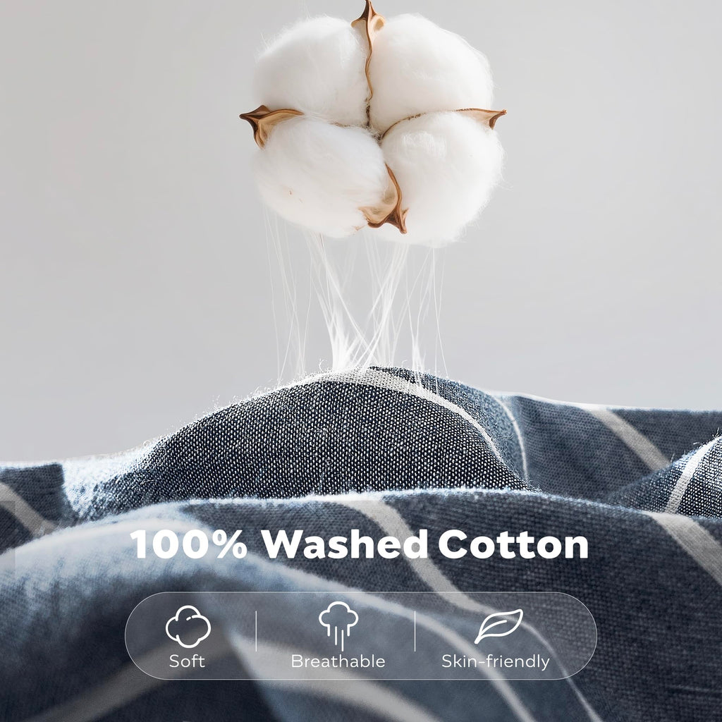 100% Washed Cotton Striped Duvet Cover Set, Linen-Like