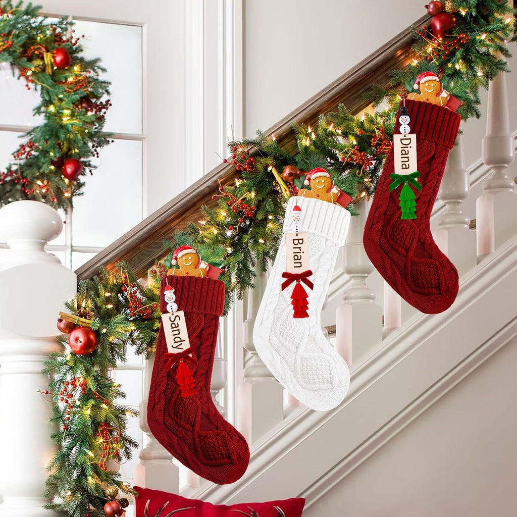 Christmas Stockings 18 Inch Cable Knit Stockings with Personalized Snowman Name Tags, Red and White Large Xmas - Set of 6