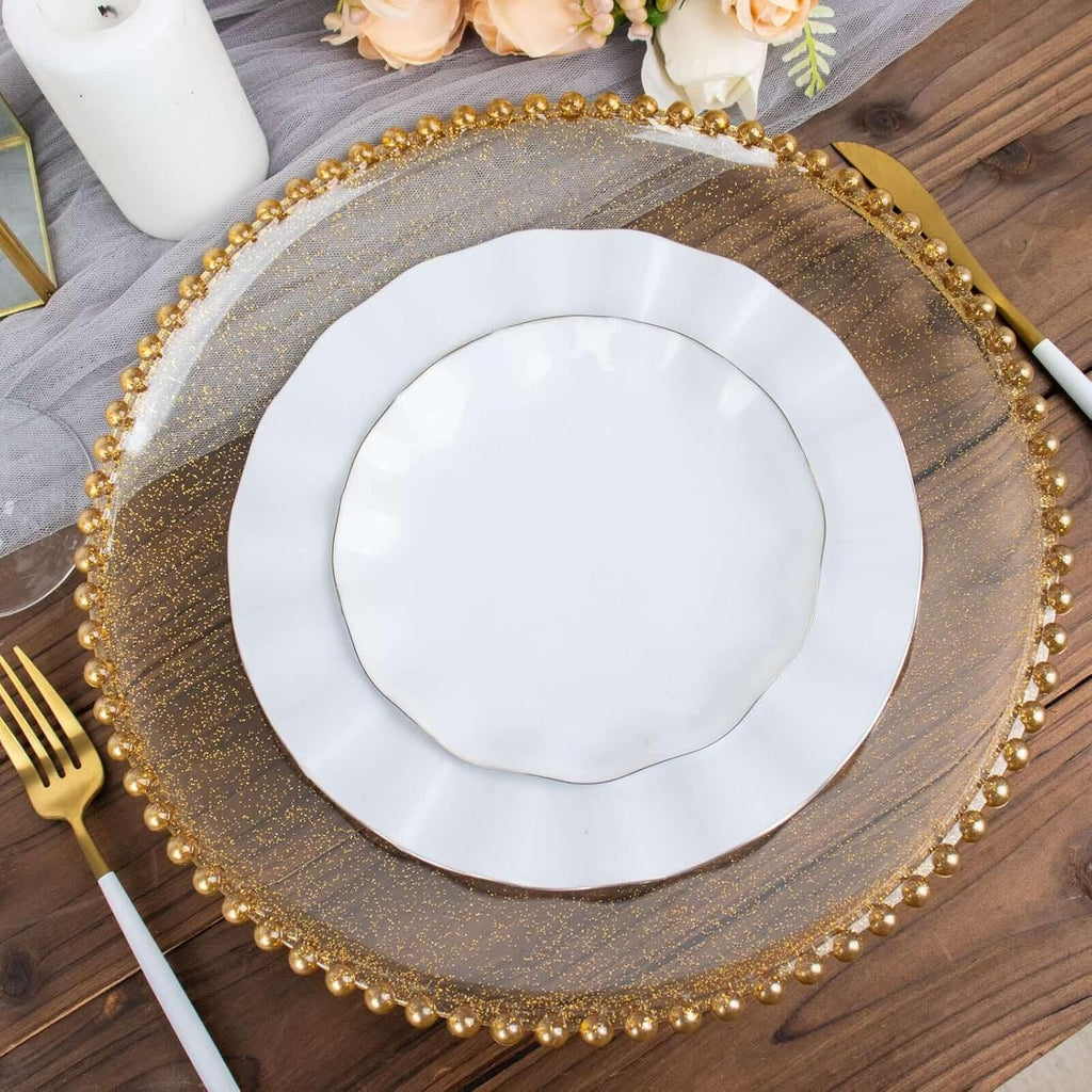 13" Charger Plates - Clear Gold Round Acrylic Disposable Chargers with Beaded Rim - Set of 12