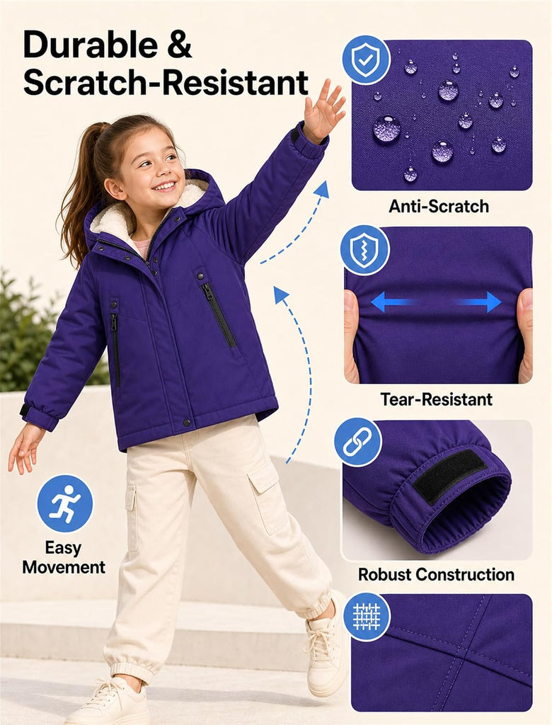 Kids Fleece-Lined Winter Coat Boys Girls Water-Resistant Jacket