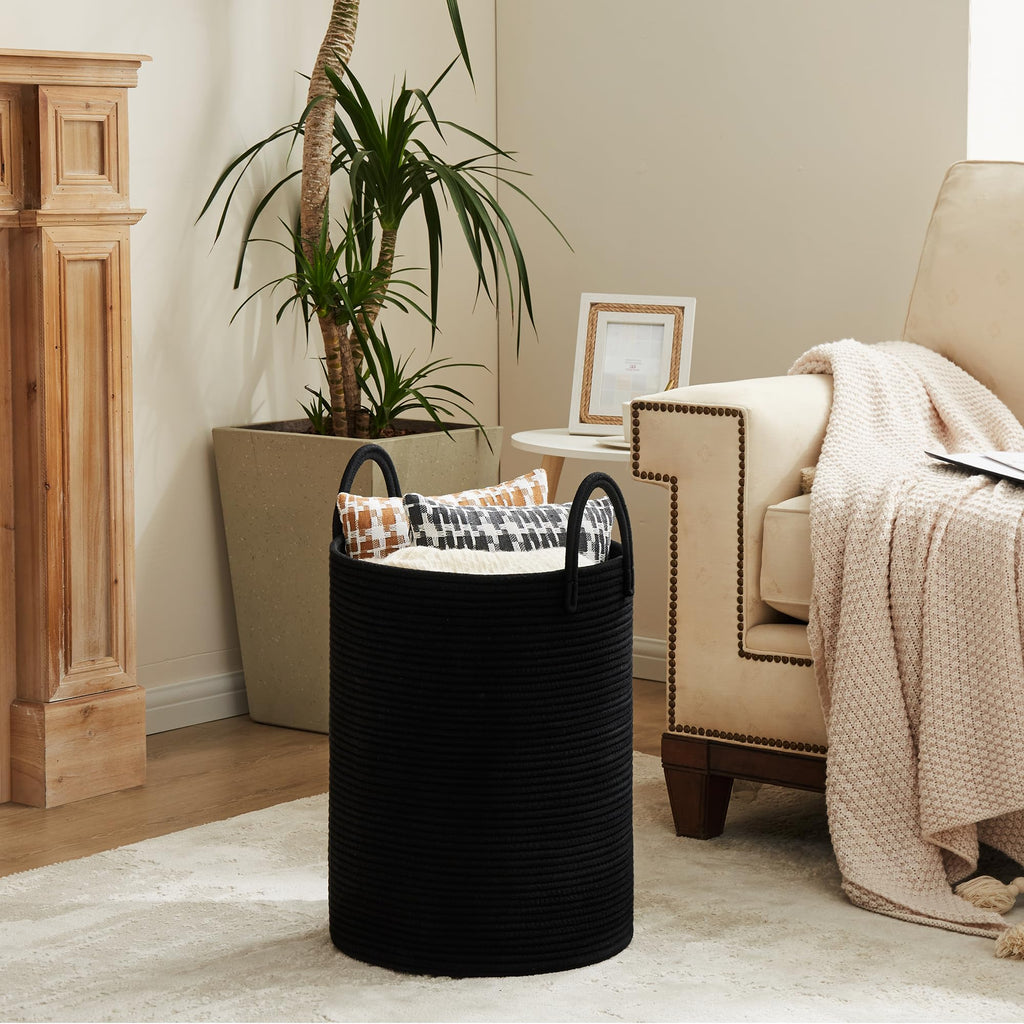 Cotton Laundry Hamper, 58L Tall Storage Basket-Black