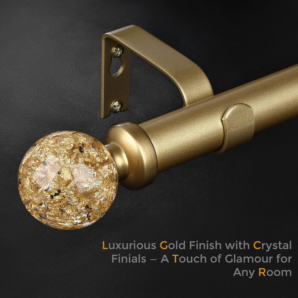 Gold Curtain Rods for Windows 28 to 48 Inch, 1'' Heavy Duty Adjustable Drapery Rod with Unique Crystal Ball Finials