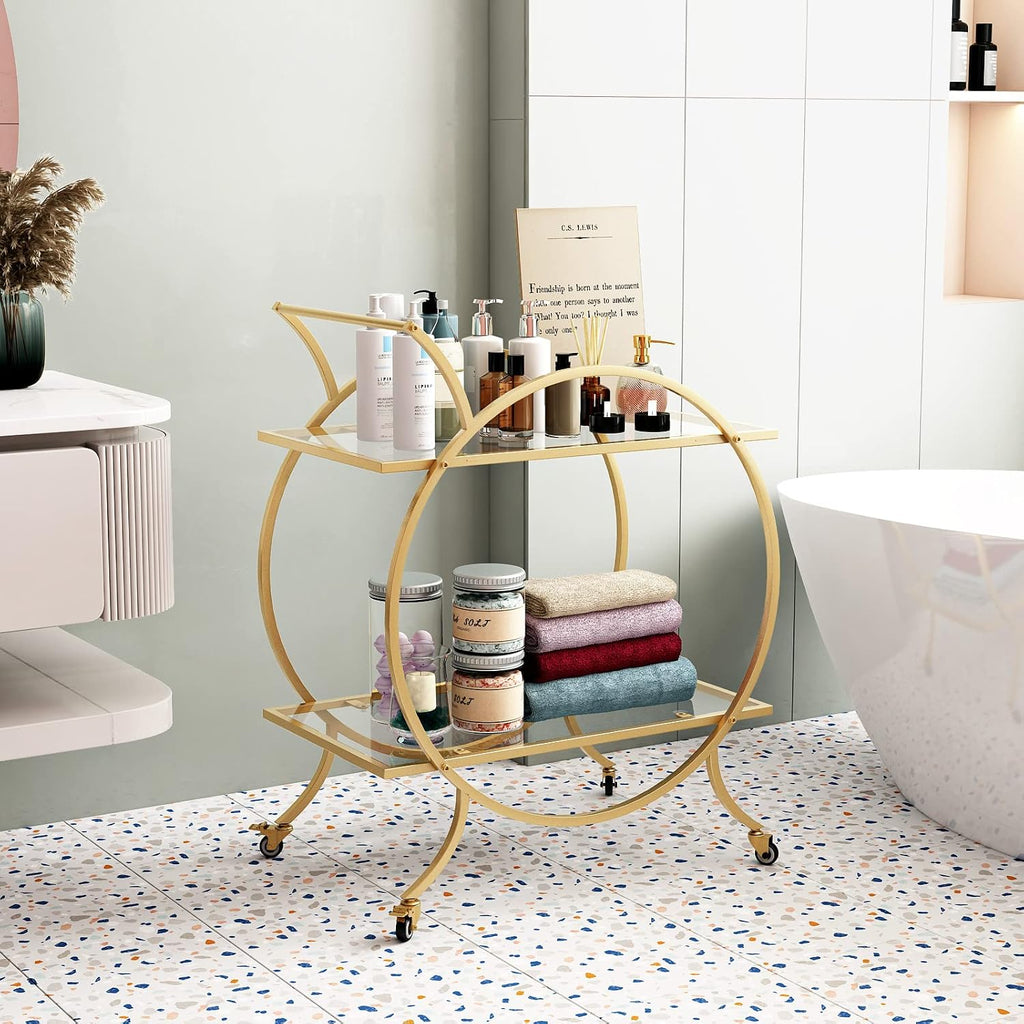 Gold Bar Carts for The Home Bar Serving Cart, Rolling Bar Cart Gold with Lockable Caster Wheels, Glass Bar Carts with