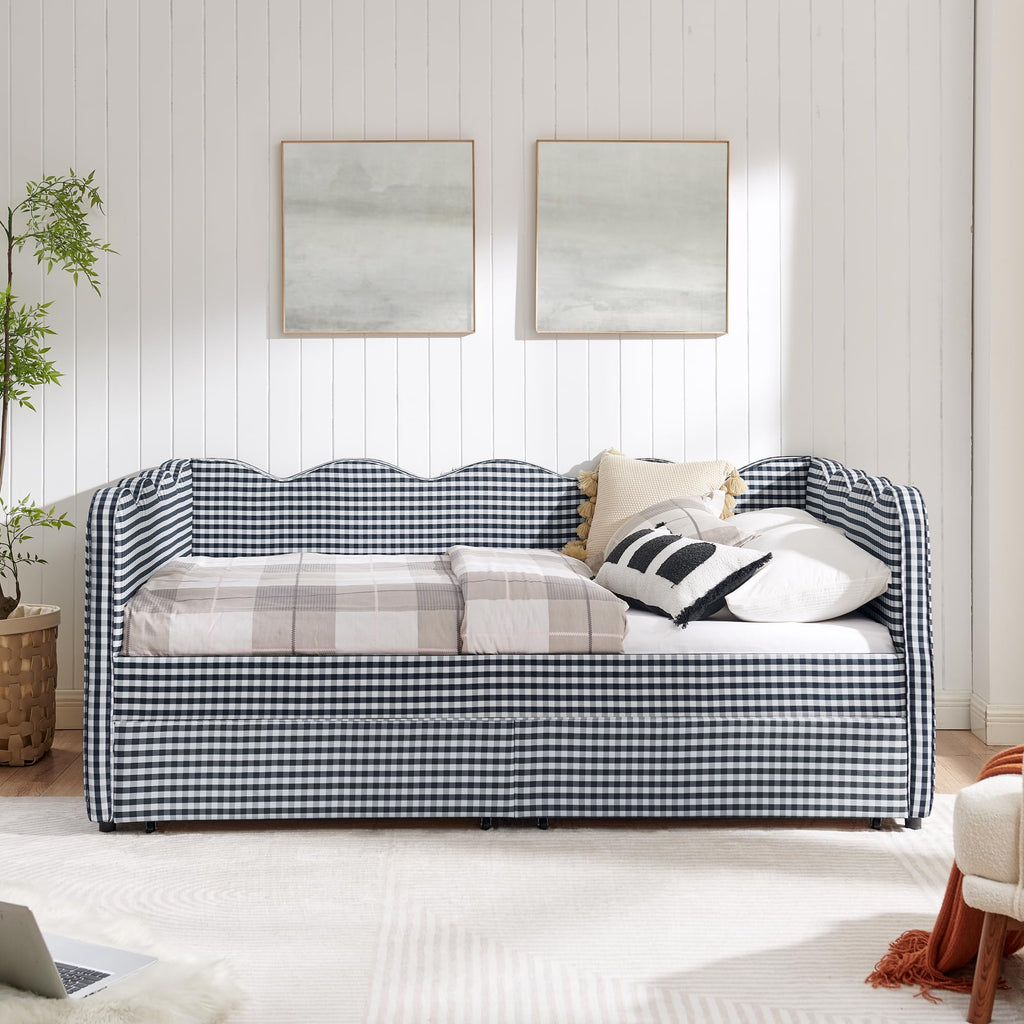 Full Size Upholstery Gingham Daybed with 2 Storage Drawers and USB, Modern Style Adorable Wave Shaped Linen Sofa Bed