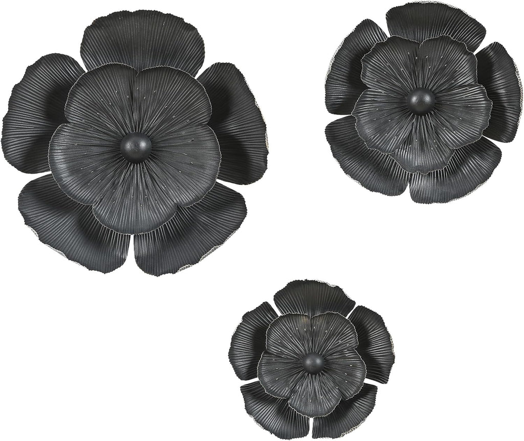 Handmade 3D Metal Flowers Wall Decor Metal Wall Hanging Sculptures Home Decor Floral Art Dark Gray - Set of 3