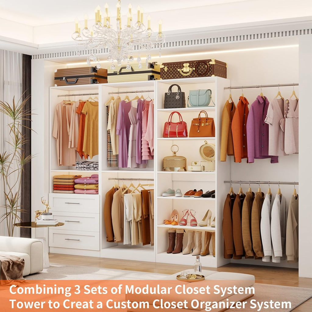 Closet System of 3 Sets, 6-15FT Closet Organizer System Wood with 3 Drawers & 7 Shelves, Walk in Closet Organizer