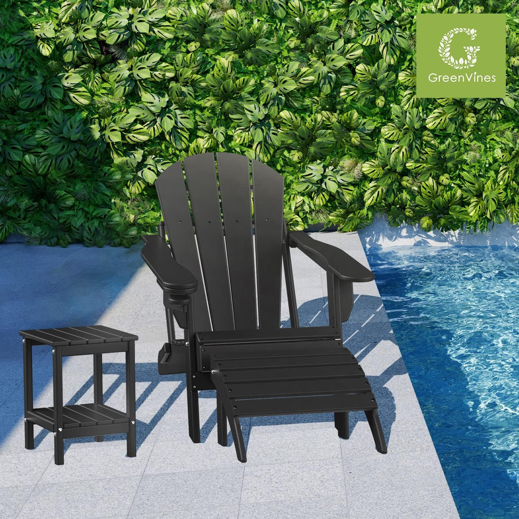 Adirondack Ottoman Set of 2, HDPE Plastic, Black | 19.7'' W x 13''H x 18.5'' D | All Weather Footrest | for Outdoor