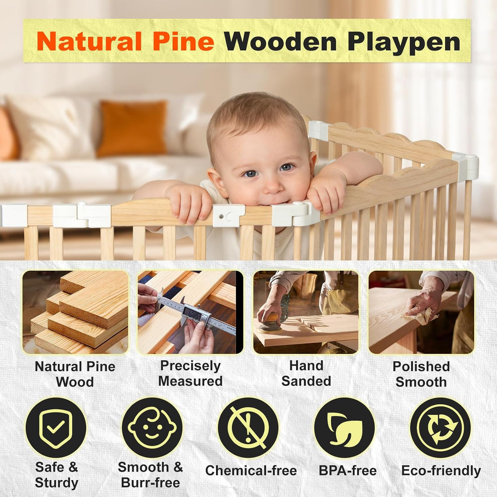 Foldable Wooden Playpen for Babies and Toddlers, Pre-Assembled Baby Playpen, Solid Wood Indoor Play Yard, Large Baby