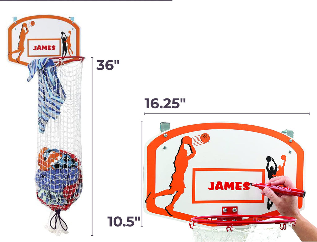 Over the Door Basketball Laundry Hamper - Space Saving Hanging Hamper with Metal Ring, Backboard, Drawstring Bag