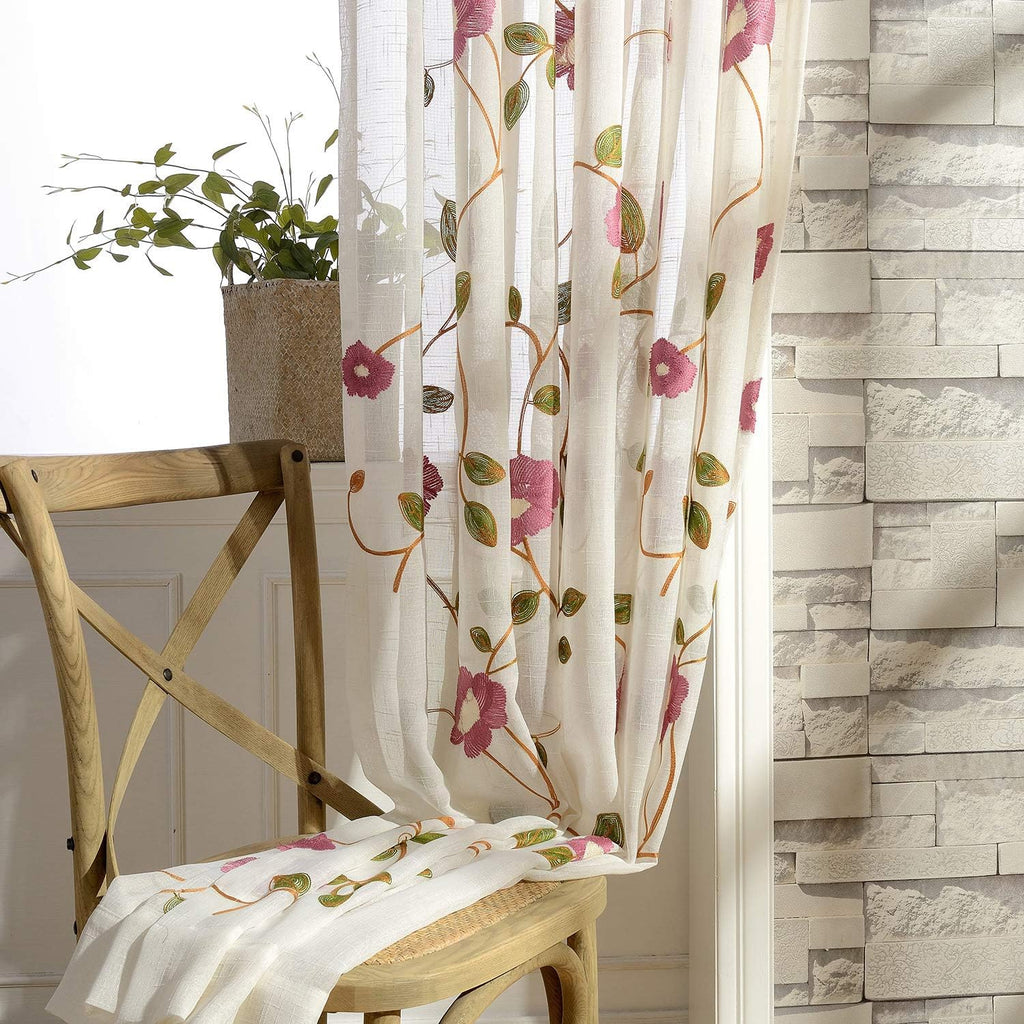 Sheer Curtains 96 Inches Long, Red Floral Embroidered Semi Sheer Rod Pocket Curtains , W52 X L96, 2 Pieces
