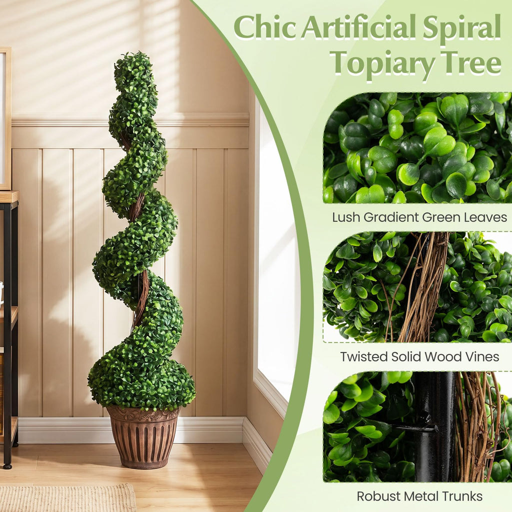 4 Ft Artificial Boxwood Spiral Topiary Tree, Fake Greenery Plants, Leaves & Cement-Filled Plastic Flower Pot