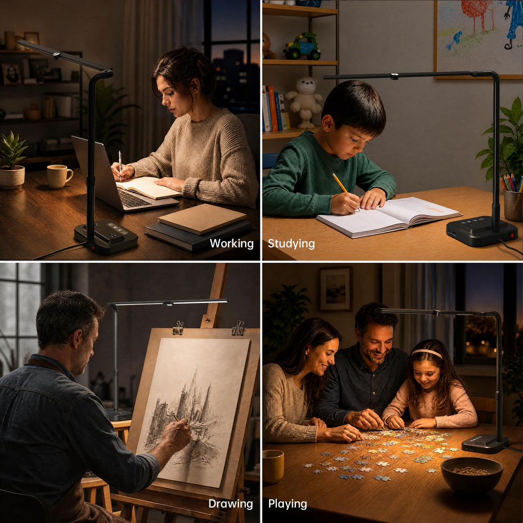 LED Desk Lamp, Ultra Wide Computer Light, Dimmable Desk Light with USB Fast Charger, Adjustable Foldable Eye Caring