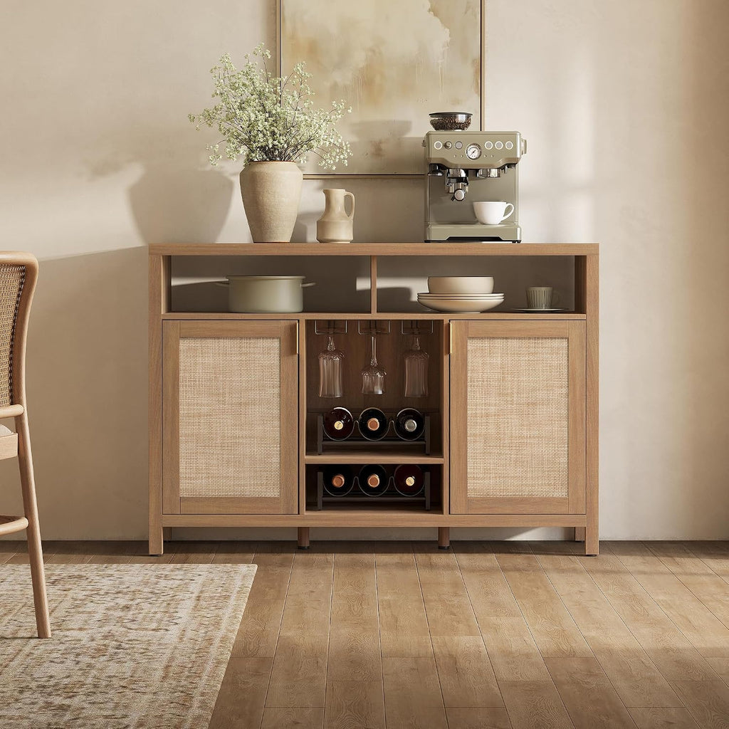 51" Coffee Bar Cabinet with Storage, Rattan Bar Cart Liquor Cabinet | Large Home Bar Table Wine Cabinet with Wine