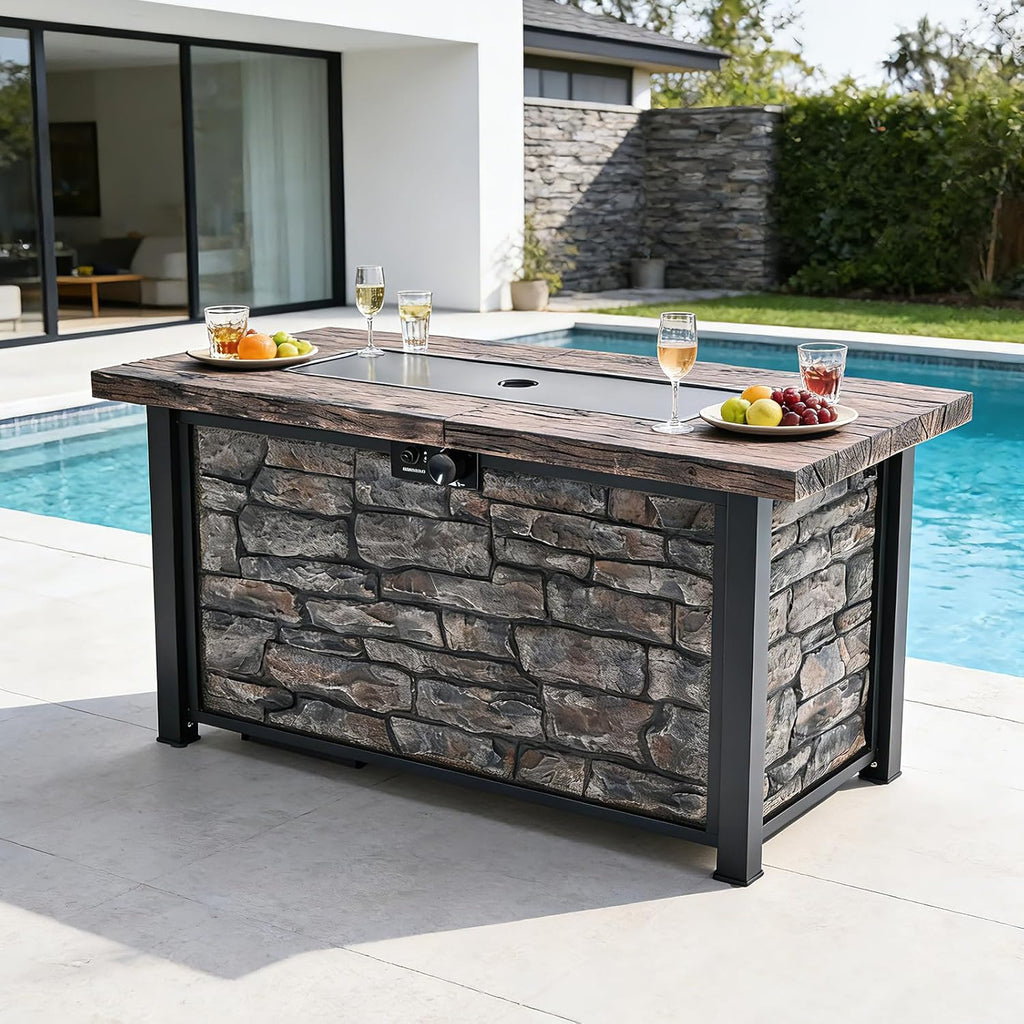 48 inch Propane Fire Pit Table, with Fiberglass Faux Wood Top, 50,000 BTU | Aluminum-coated steel legs, Includes lava