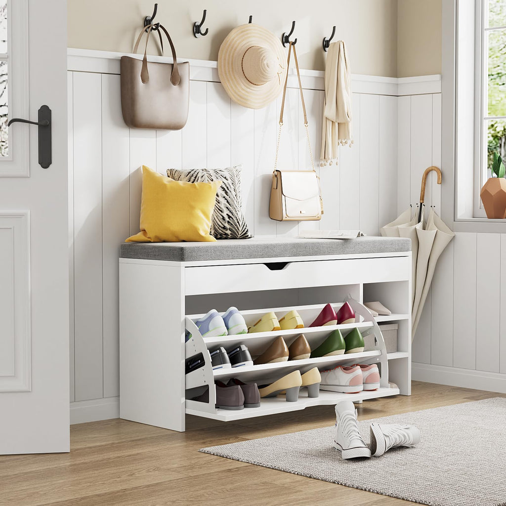 Shoe Storage Bench with 3-Tier Flip Drawer & Padded Cushion, Shoe Rack Bench with Flip-Open Storage Box, Shoe Storage