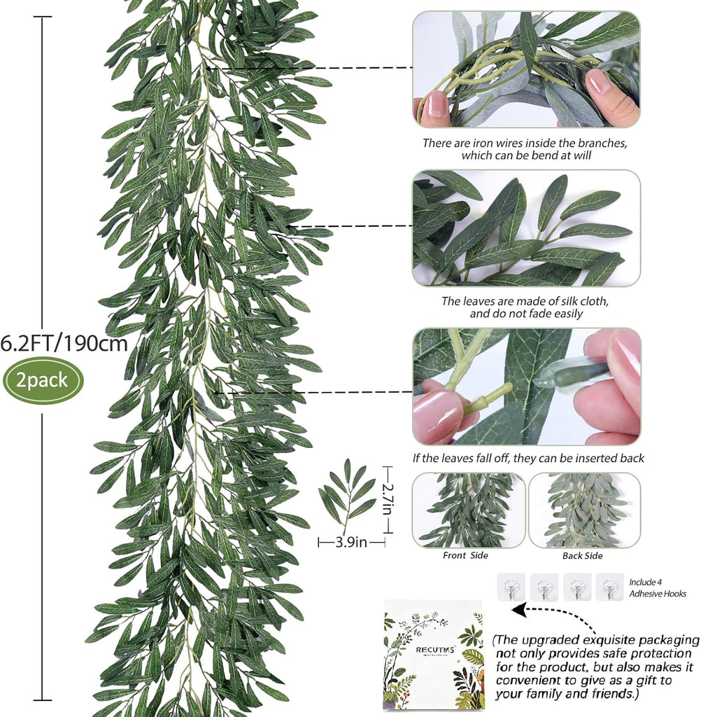 Artificial Silk Olive Leaves Vines Garland 6.2Ft Green Rattan - Set of 124