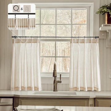 Kitchen Curtains for Small Window,Cafe Curtains,Boho Striped Kitchen Pinch Pleat Curtain with Hooks