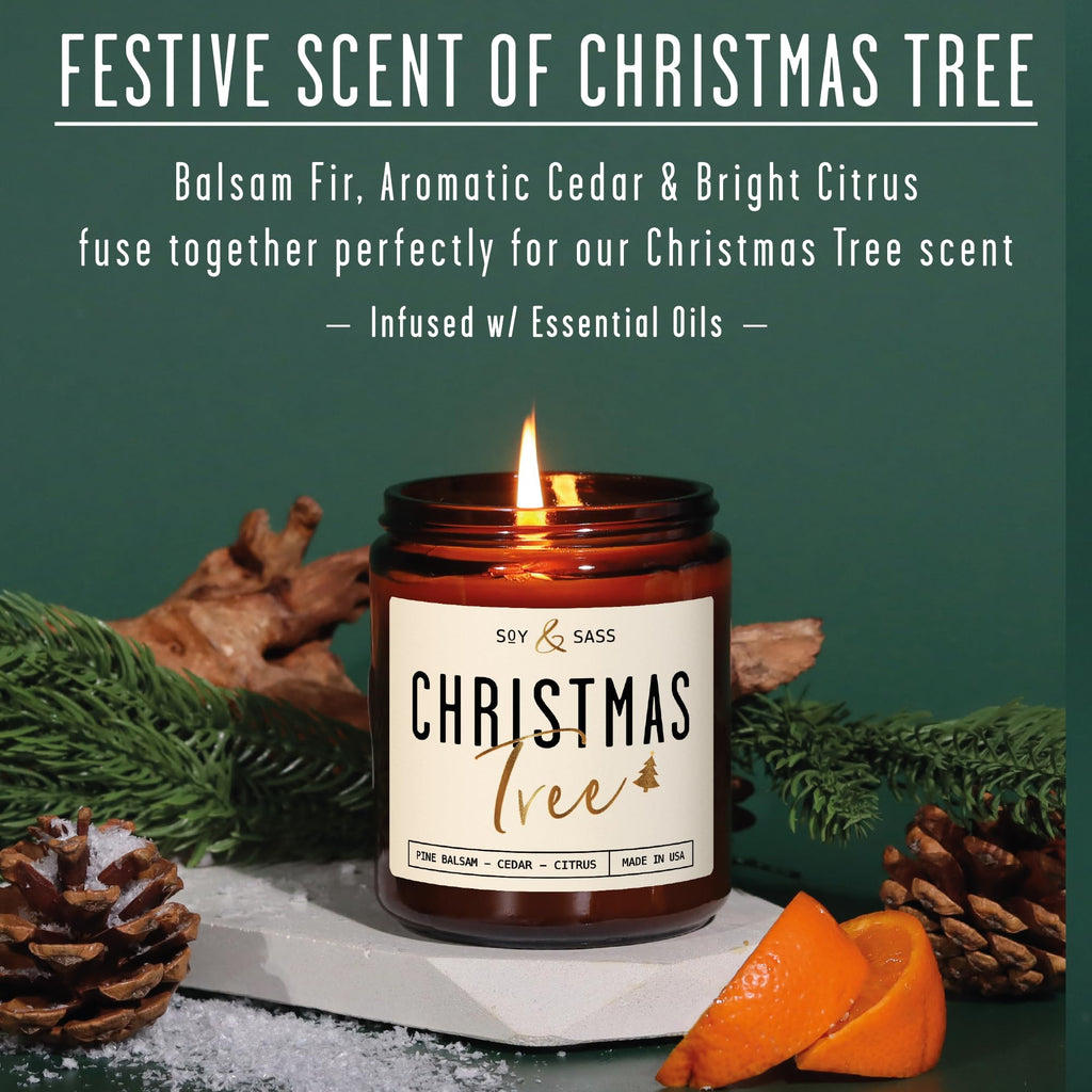 Christmas Tree Candles, Christmas Candles Scented - 'Christmas Tree' Soy Candle w/Balsam, Cedar & Citrus - Infused