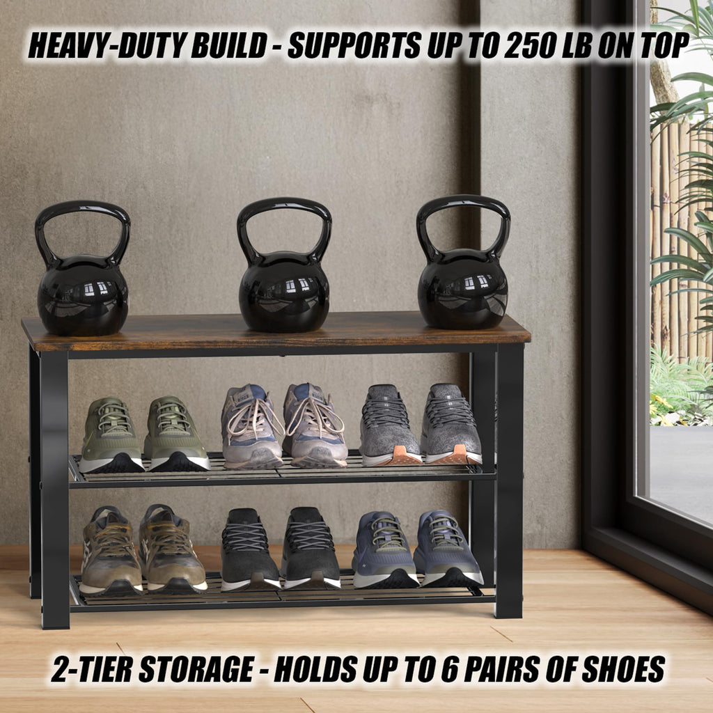 Wooden Top Shoe Rack Bench, Rustic Brown
