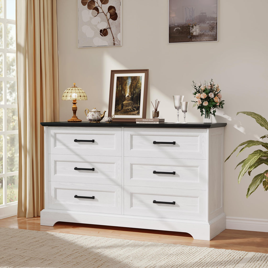 Dresser, Farmhouse 6 Drawers Dressers, White and Black