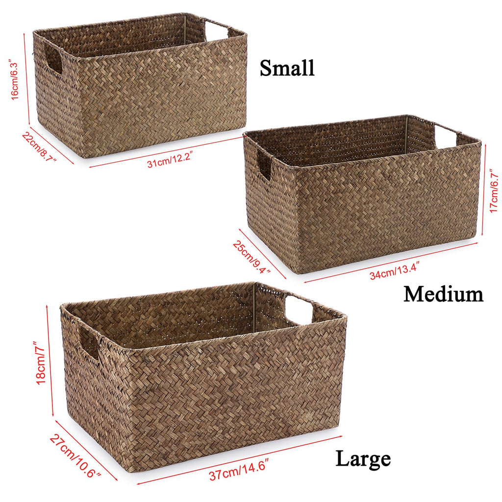 Seagrass Storage Basket for Shelf Organizing, Opened Baskets Bin Handwoven Wicker Baskets Rectangular Decorative