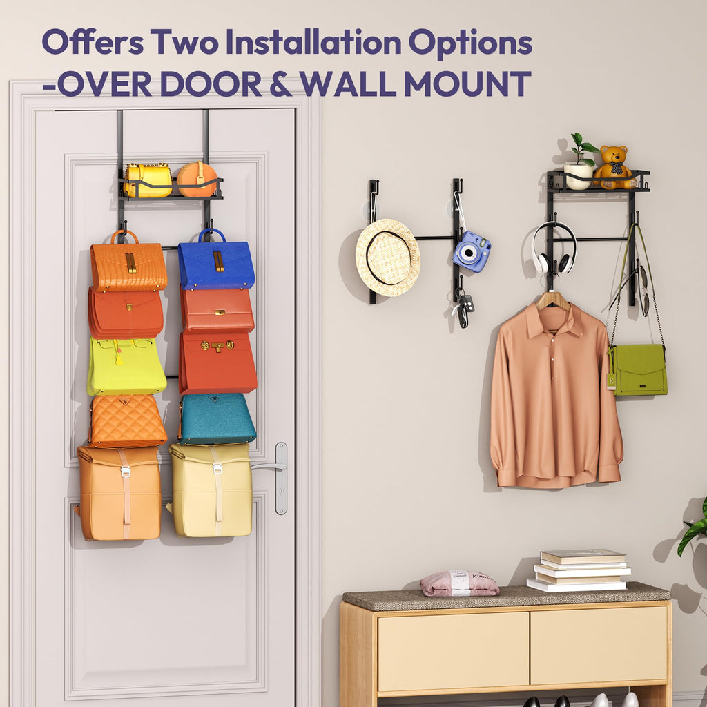 Over The Door Purse Organizer - Wall Mounted Purse Rack with 10 Hooks and Metal Basket, Handbag Hanger Organizer