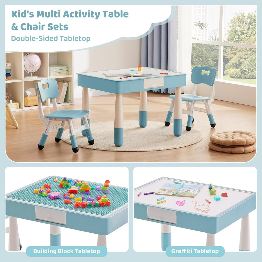 Kids Table & 2 Chairs Set, Double-Sided with Storage,Grayish Blue