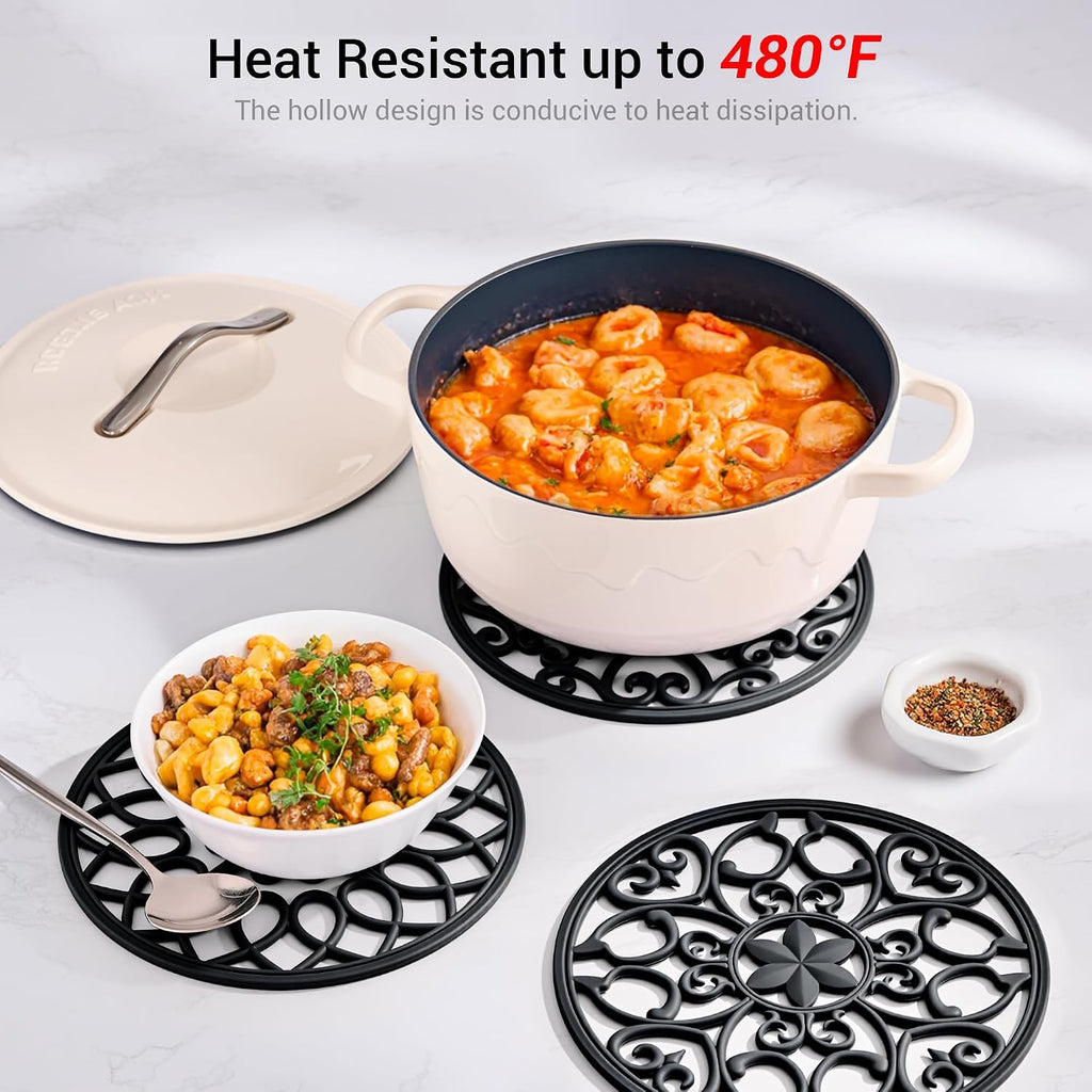 Set Silicone Trivet Mats for Hot Dishes Pots and Pans (Black) - Set of 6