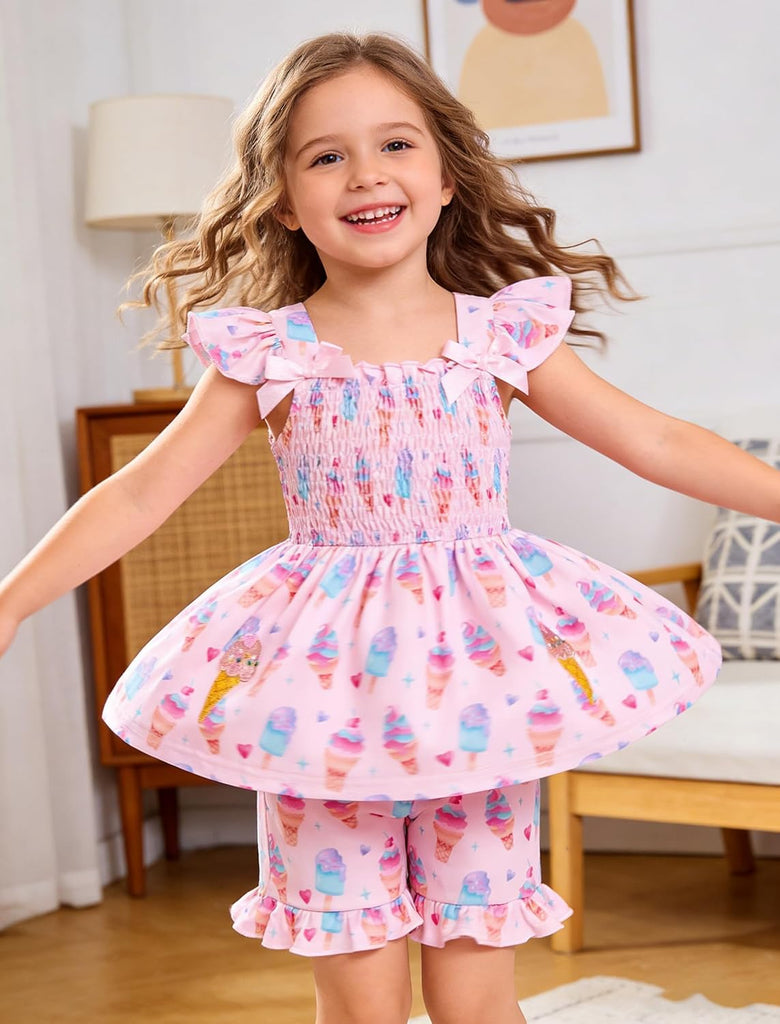 Toddler Baby Girls Summer Clothes Outfits Ruffled Sleeve Dinosaur Shirt Leopard Tops and Shorts Pants Sets 2PCS