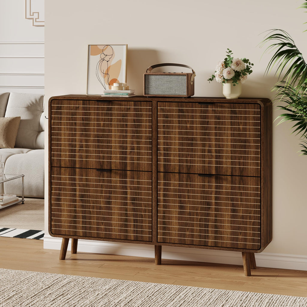 Fluted Shoe Storage Cabinet with 4 Flip Drawers, Walnut
