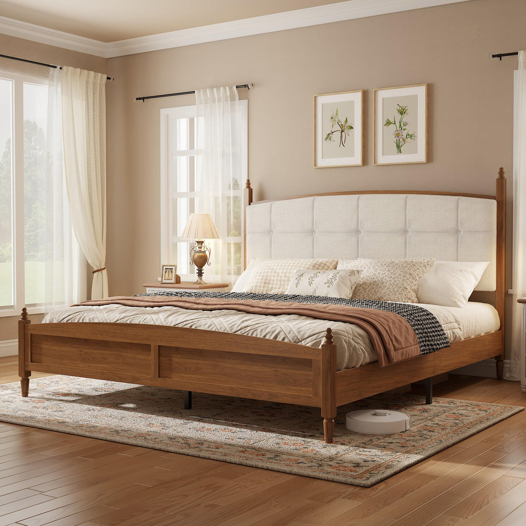 Farmhouse Platform Bed Frame with Curved Upholstered Headboard, Walnut